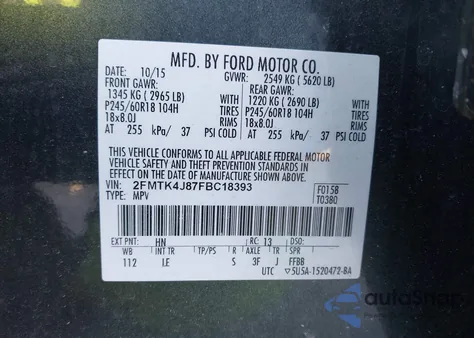 2015 Ford Edge Sel из США, поврежденный, VIN 2FMTK4J87FBC18393